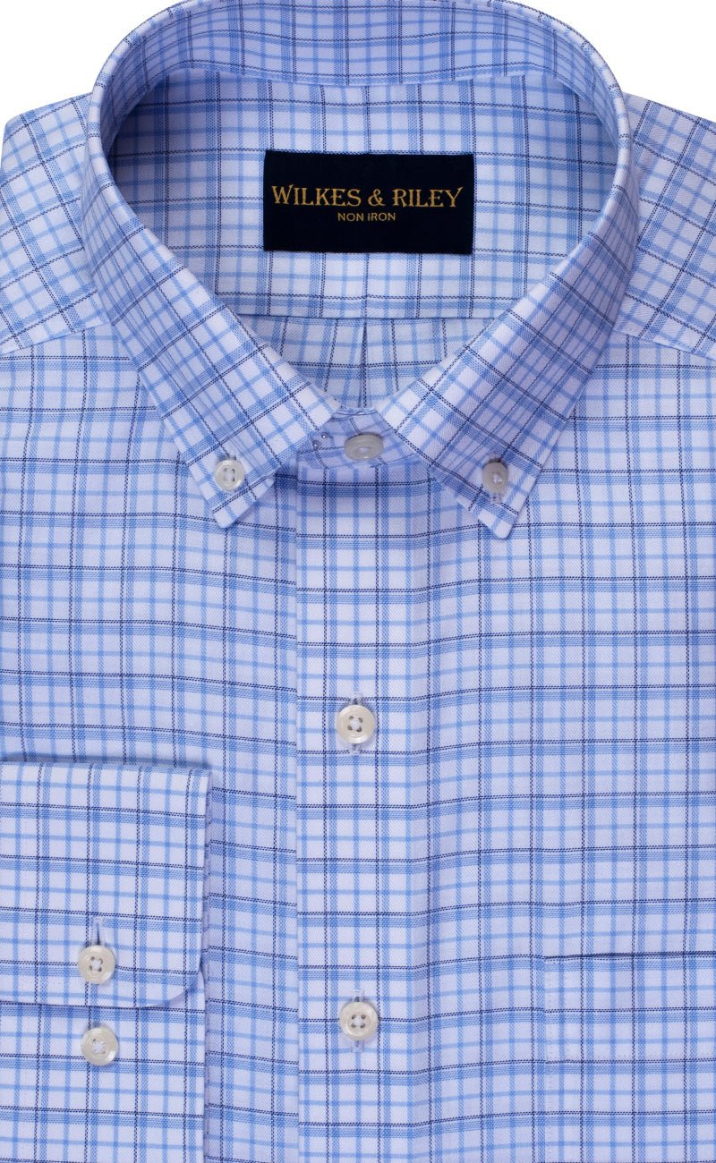 Classic Fit Blue /Navy Twill Check Button - Down Collar Non - Iron Sport Shirt - Wilkes & Riley, LLC