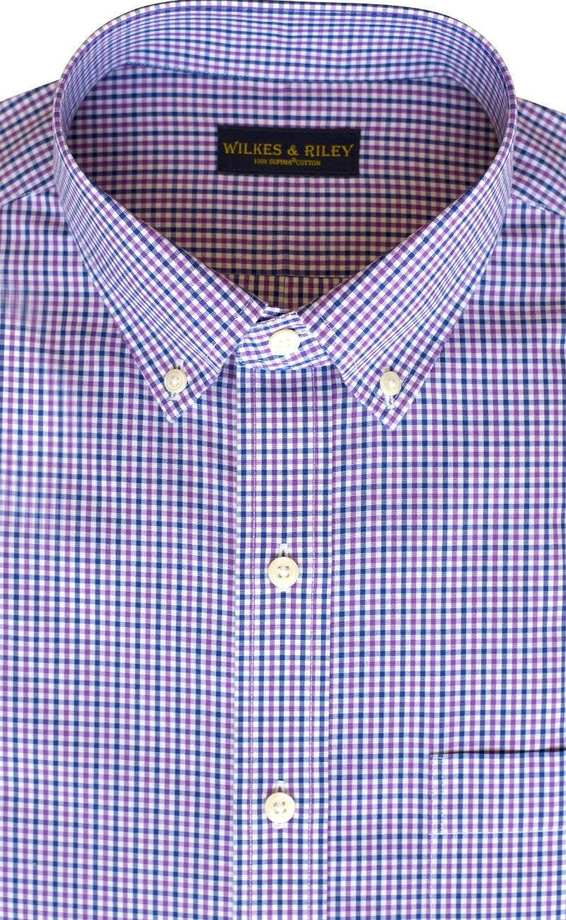 Classic Fit Purple / Blue Tattersall check Button - Down Collar Supima® Non - Iron Cotton Broadcloth Sport Shirt - Wilkes & Riley, LLC