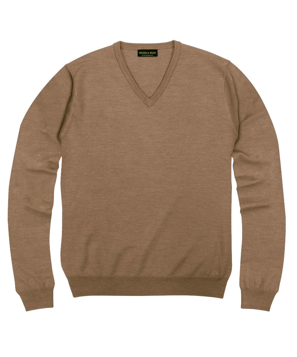 Wilkes & Riley Camel Pure Merino Wool Zegna Baruffa V-neck Sweater
