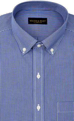 Slim Fit Blue Gingham Check Button Down Collar Supima® Cotton Non-Iron Broadcloth