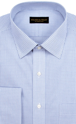 Tailored Fit Blue / Navy Micro Check Spread Collar French Cuff Supima® cotton Non-Iron Broadcloth Dress Shirt