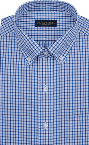 Classic Fit Blue / Navy Tattersall Button-Down Collar Supima® Cotton Non-Iron Broadcloth Sport Shirt