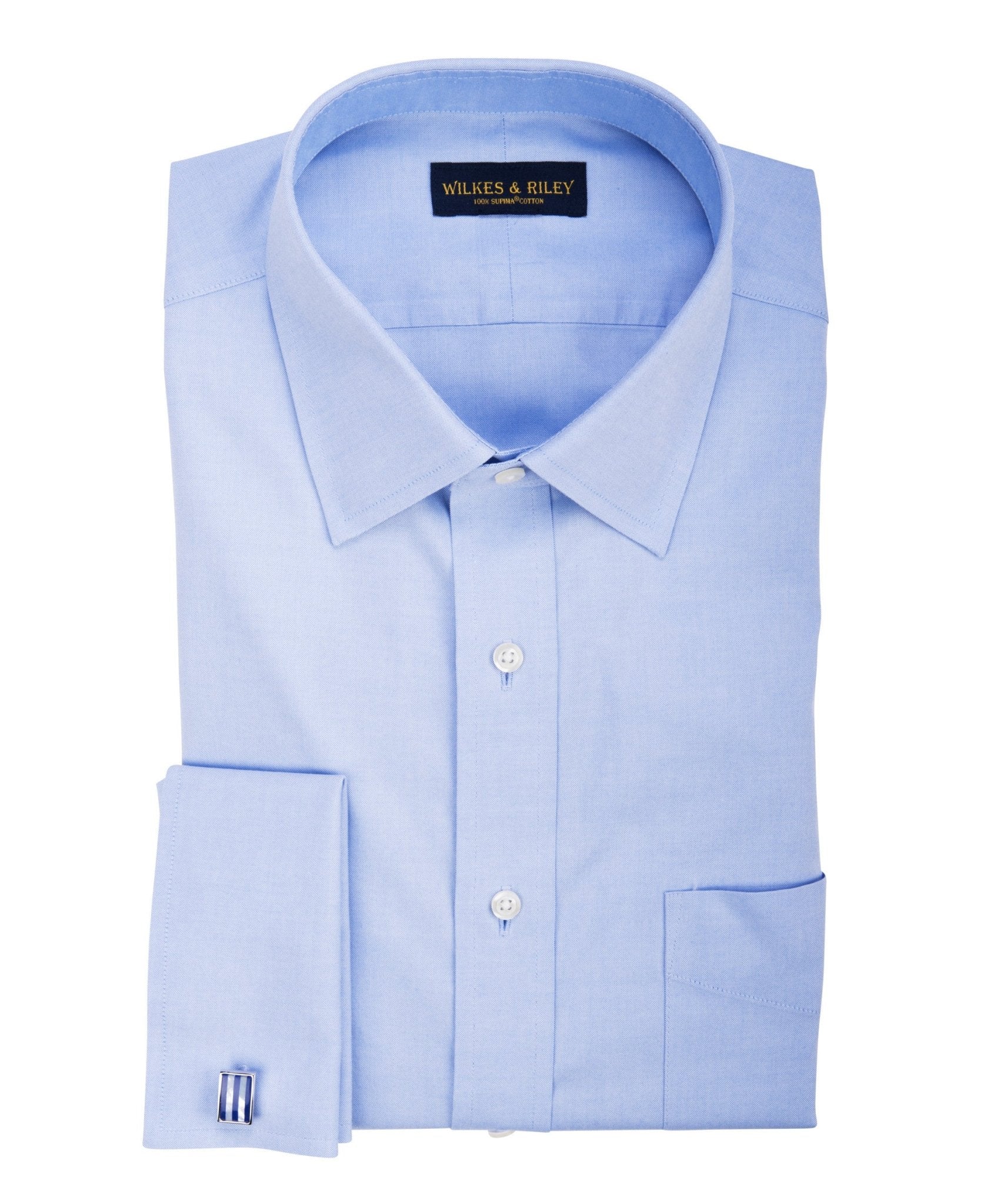 Classic Fit Non-Iron Blue Solid Spread Collar with French Cuff Men's Dress  Shirt  Wilkes & Riley, LLC