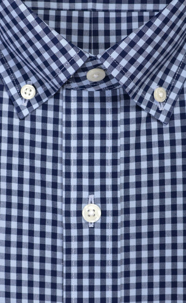 Non Iron Sky & Navy Large Gingham Check Button Down Collar