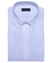 Classic Fit White Ground Blue Stripe Spread Collar Supima® Cotton Non - Iron Broadcloth (B/T) - Wilkes & Riley, LLC
