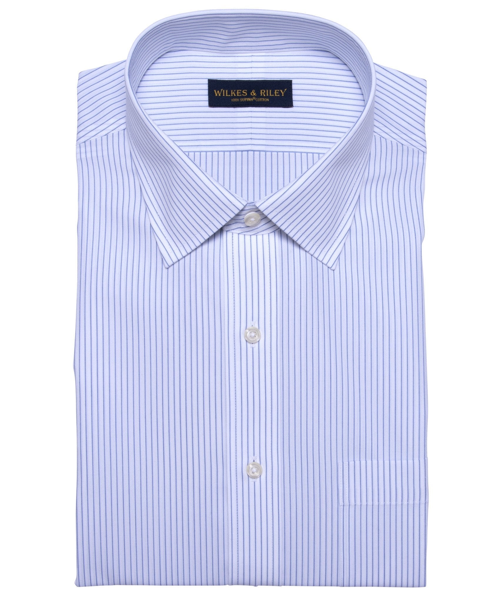 Classic Fit White Ground Blue Stripe Spread Collar Supima® Cotton Non - Iron Broadcloth (B/T) - Wilkes & Riley, LLC