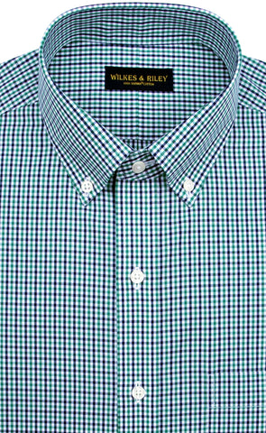 Slim Fit Green/Navy Tattersall Check Button Down Collar Supima® Cotton Non-Iron Broadcloth