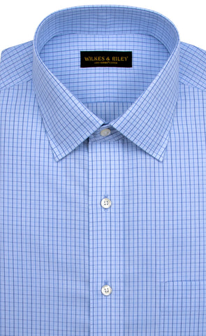 Tailored Fit Light Blue Ground Navy Check Spread Collar  Supima® Cotton Non-Iron Broadcloth