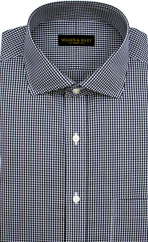 Slim Fit Navy Gingham English Spread Collar Supima® Cotton Non-Iron Broadcloth Dress Shirt
