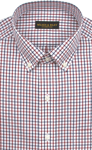 Tailored Fit Red / Navy Tattersall Button-Down Collar Supima® Cotton Non-Iron Broadcloth Sport Shirt