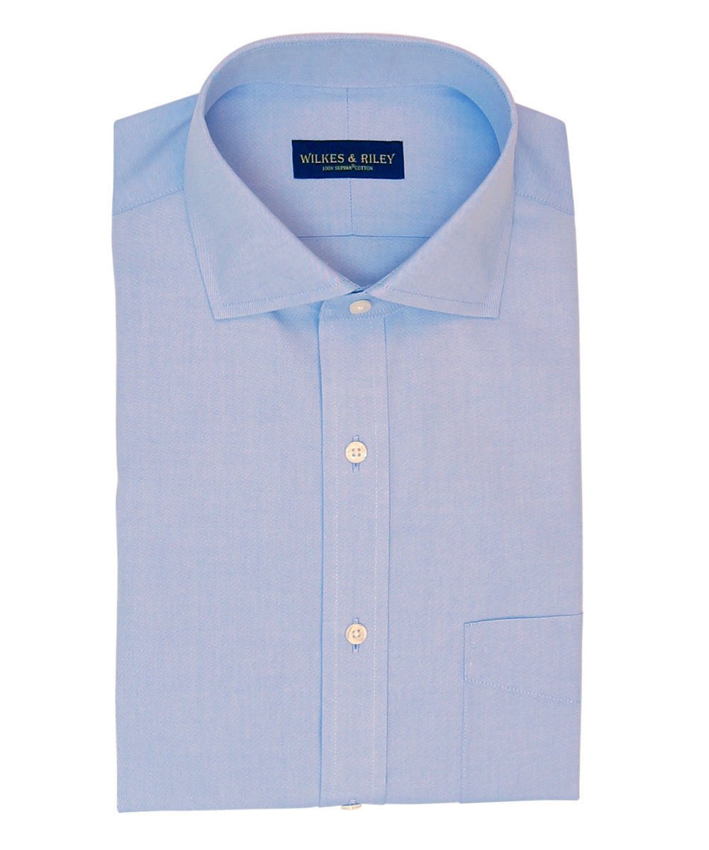 Slim Fit Blue Solid English Spread Collar Non-Iron Dress Shirt Wilkes & Riley, LLC Slim Fit Blue Solid English Spread Collar Non-Iron Dress Shirt Wilkes & Riley, LLC