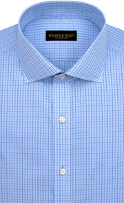 Slim Fit Light Blue Ground Navy Check English Spread Collar Supima® Cotton Non - Iron Broadcloth - Wilkes & Riley, LLC
