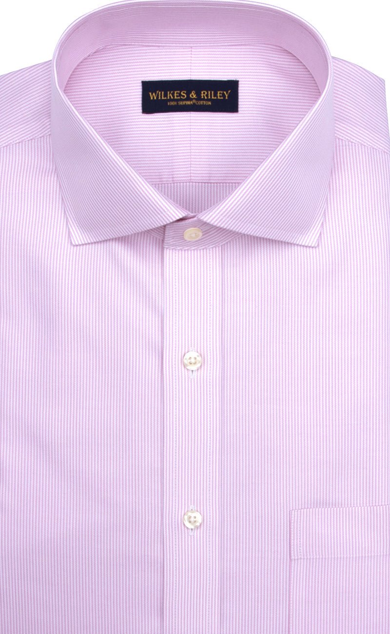Slim Fit Pink Stripe English Spread Collar Non Iron Men's Dress Shirt Wilkes & Riley, LLC Slim Fit Pink Stripe English Spread Collar Non Iron Men's Dress Shirt Wilkes & Riley, LLC