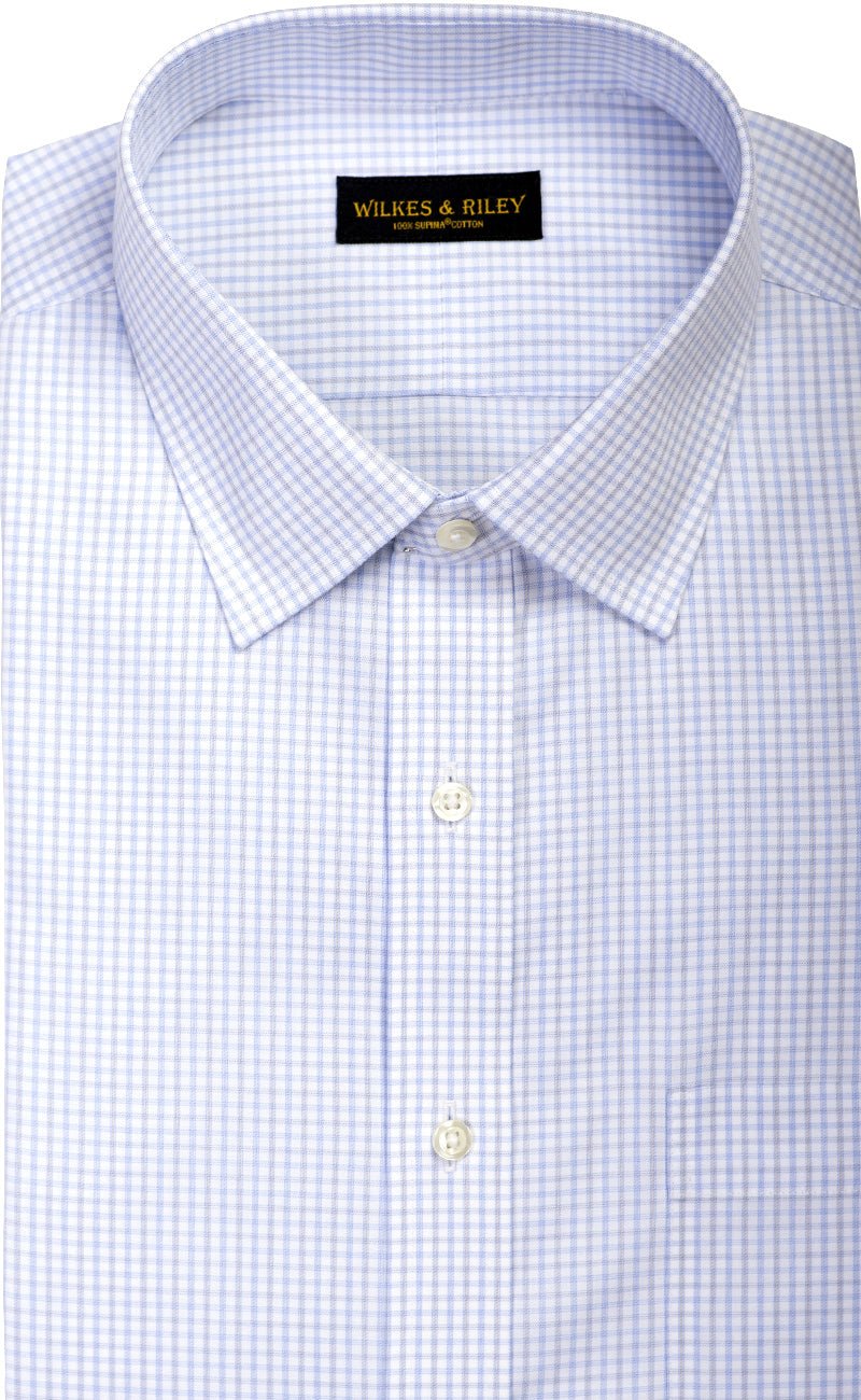 Slim Fit Grey & Sky Blue Twill Check Spread Collar Non-Iron Dress Shirt Wilkes & Riley, LLC Slim Fit Grey & Sky Blue Twill Check Spread Collar Non-Iron Dress Shirt Wilkes & Riley, LLC