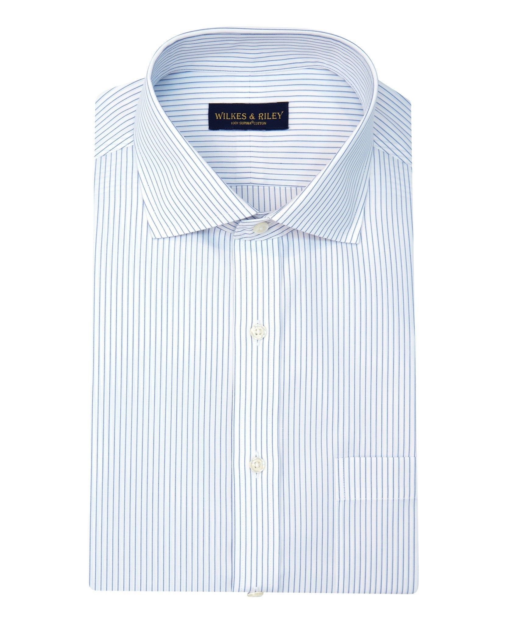 Slim Fit White Ground Blue Stripe 100% Cotton Non-Iron Dress Shirt Wilkes & Riley, LLC Slim Fit White Ground Blue Stripe 100% Cotton Non-Iron Dress Shirt Wilkes & Riley, LLC
