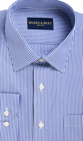 Tailored Fit Blue Bengal Stripe Spread Collar Non-Iron broadcloth Dress Shirt