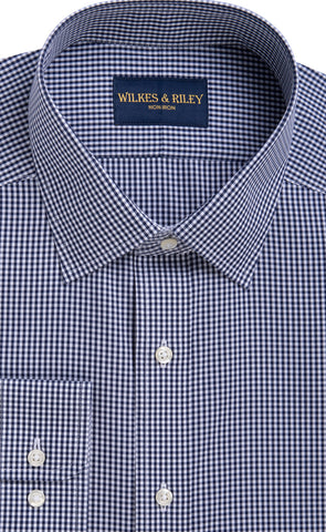 Tailored Fit Navy Gingham Spread Collar  Non-Iron Broadcloth Dress Shirt