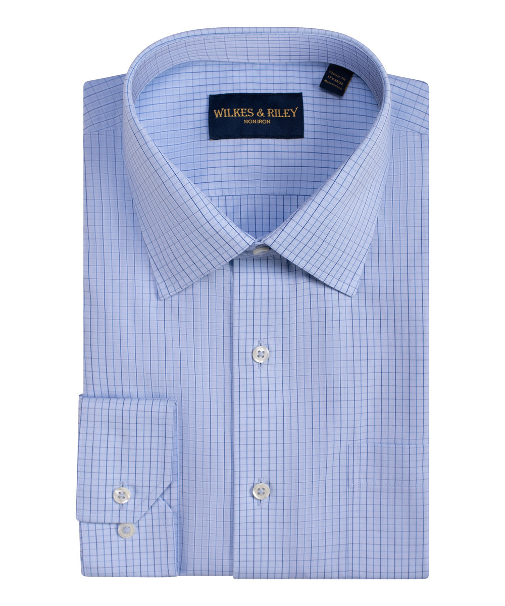 Tailored Fit Light Blue Ground Tattersall Spread Collar Non-Iron Broadcloth Dress Shirt