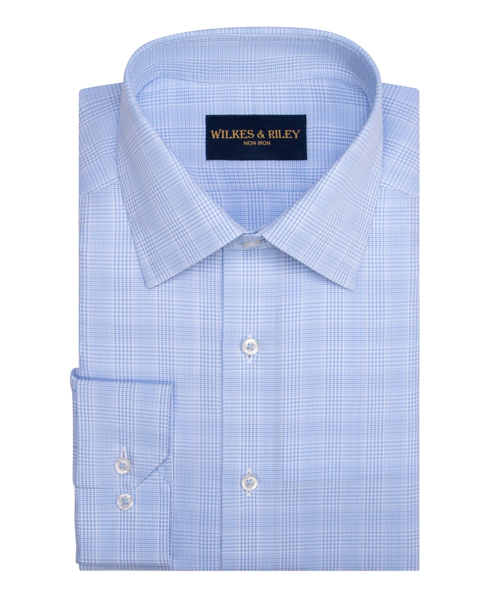 Classic Fit Light Blue Glen Plaid Spread Collar  Non-Iron Broadcloth Dress Shirt