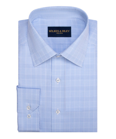 Classic Fit Light Blue Glen Plaid Spread Collar  Non-Iron Broadcloth Dress Shirt