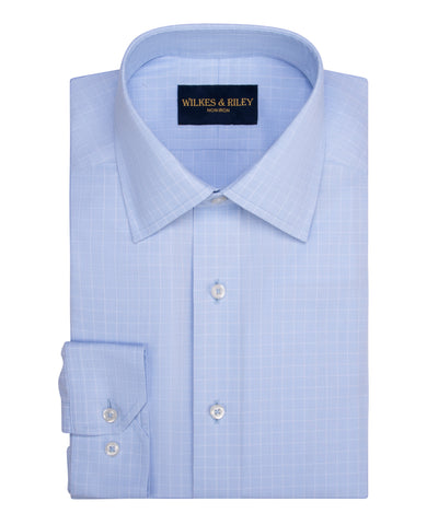 Classic Fit Light Blue Ground Grid Spread Collar Non-Iron Pinpoint Oxford Dress Shirt