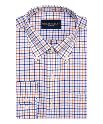 Tan / Navy Twill Check Button-Down Collar Non-Iron Sport Shirt