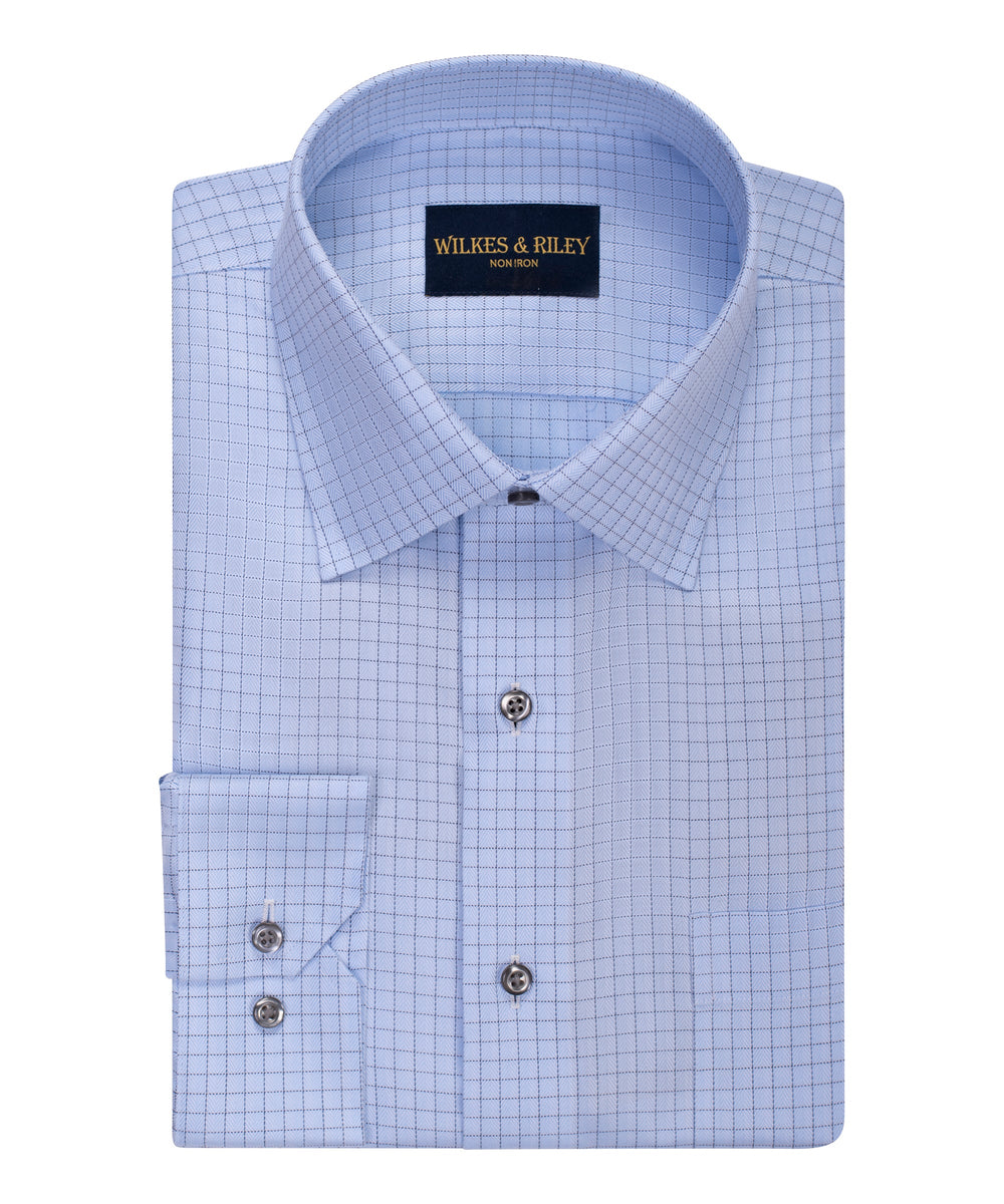 Tailored Fit Blue Spread Collar Non-Iron Herringbone check Dress Shirt