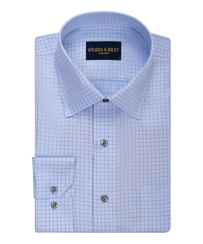 Tailored Fit Blue Spread Collar Non-Iron Herringbone check Dress Shirt