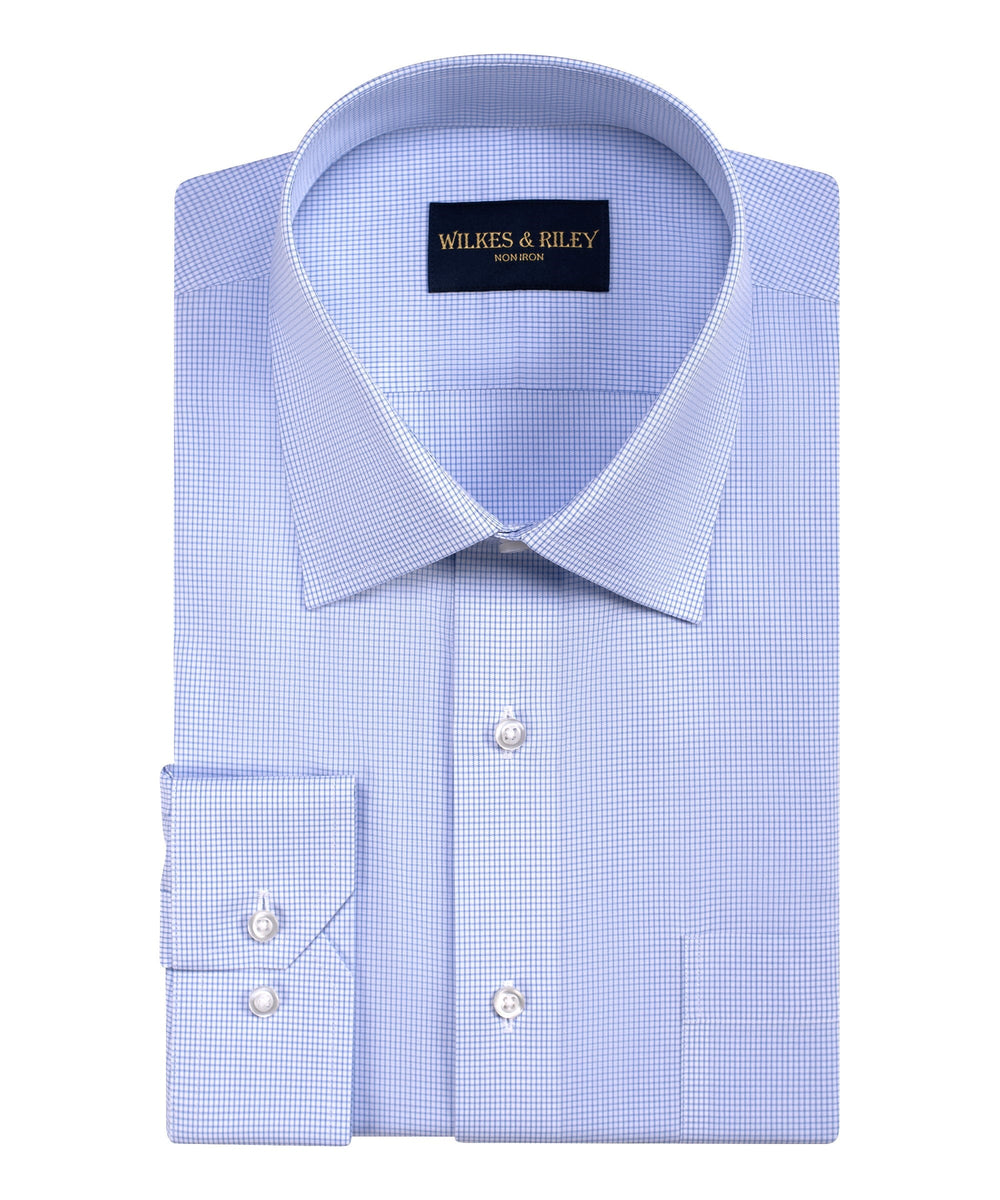 Classic Fit Sky Mini-check Spread Collar  Non-Iron Broadcloth Dress Shirt