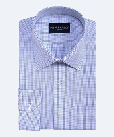 Tailored Fit Blue / Navy Microcheck Spread Collar  Non-Iron Broadcloth Dress Shirt