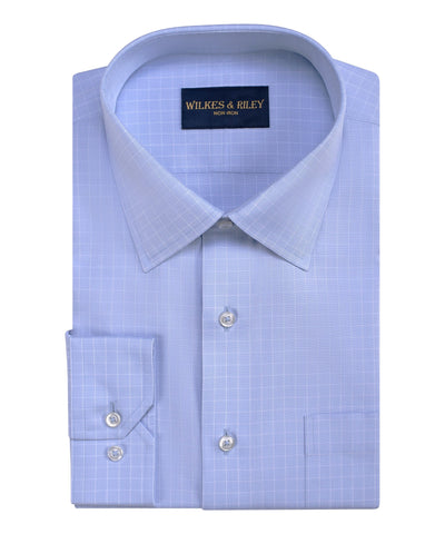 Classic Fit Light Blue Ground Grid Spread Collar Non-Iron Pinpoint Oxford Dress Shirt