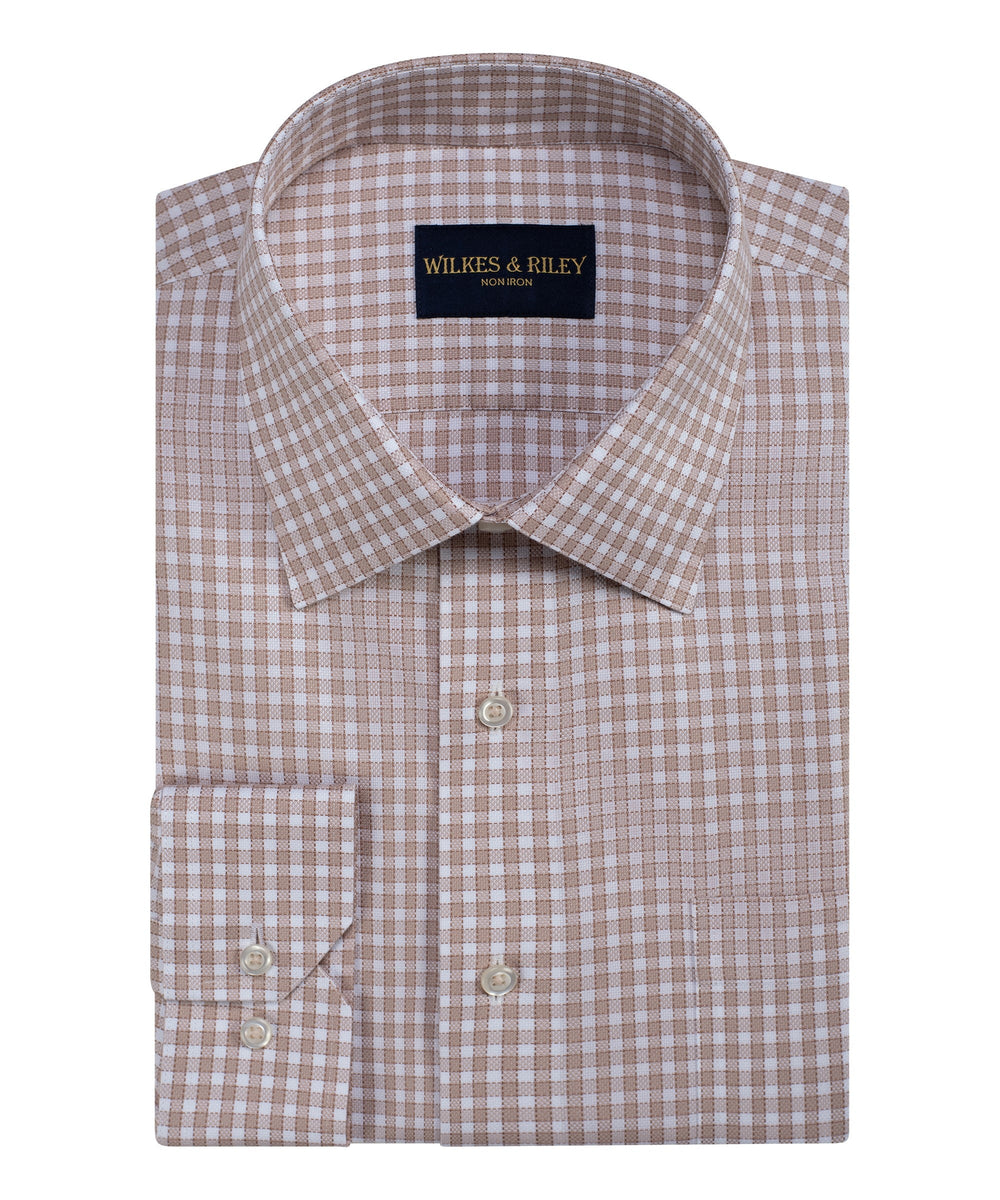 Classic Fit Tan Spread Collar Non-Iron Queens oxford Check Dress Shirt