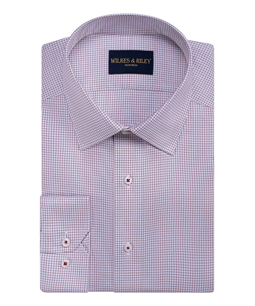 Classic Fit Dk Red Twill Check Spread Collar Non-Iron Dress Shirt