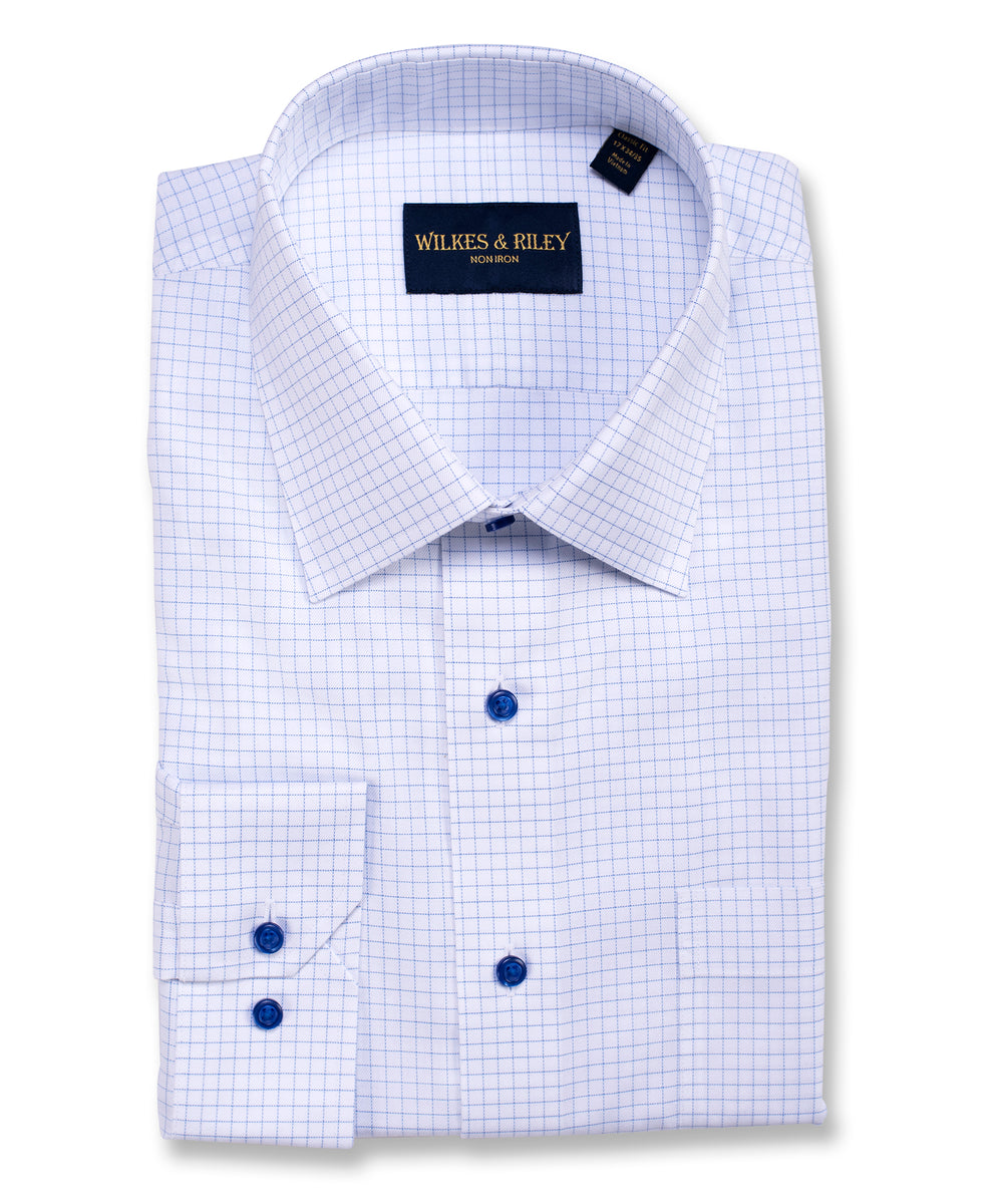 Classic Fit Blue Twill Check Spread Collar Non-Iron Dress Shirt