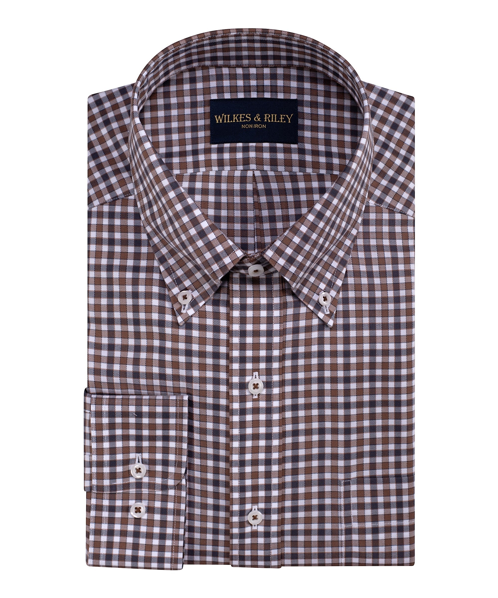 Brown/Grey Twill Check Button-Down Collar Non-Iron Sport Shirt