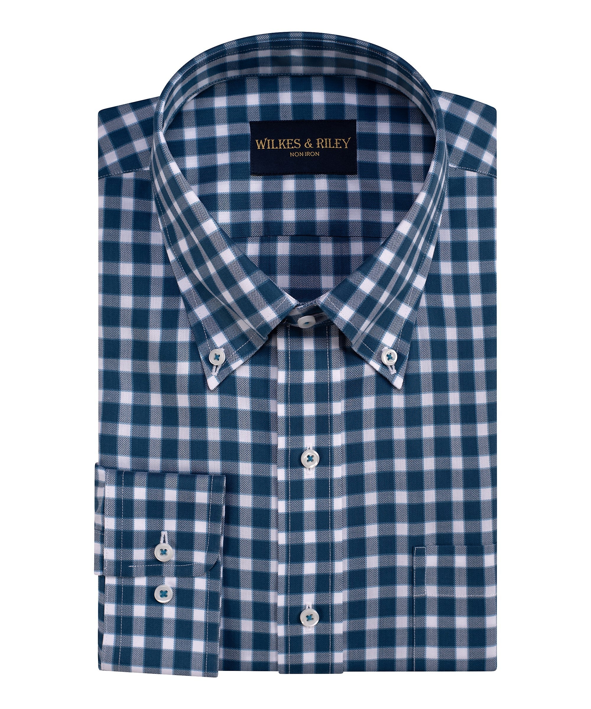 Teal Herringbone Check Button-Down Collar Non-Iron Sport Shirt
