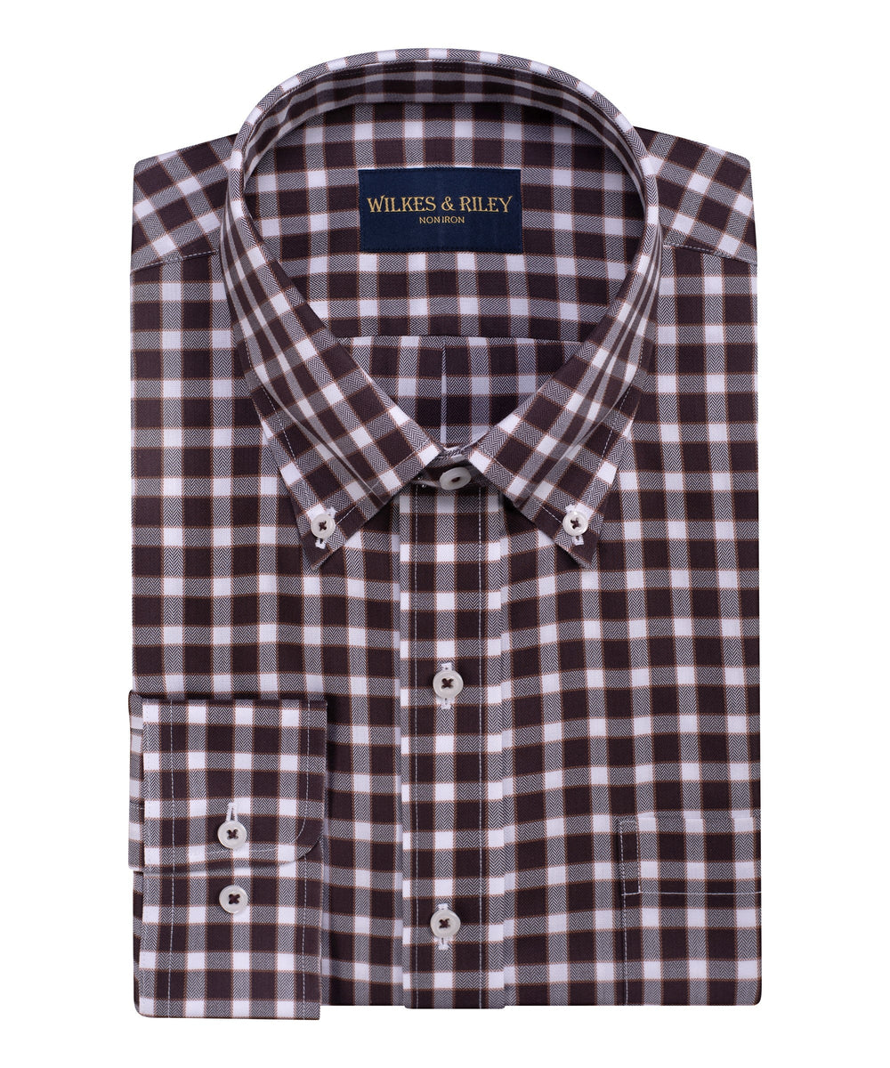 Tailored Fit Brown Herringbone Check Button-Down Collar Non-Iron Sport Shirt
