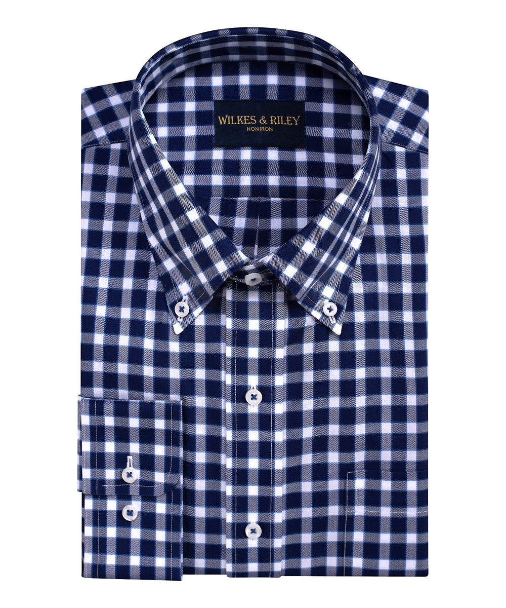 Tailored Fit Navy Herringbone Check Button-Down Collar Non-Iron Sport Shirt