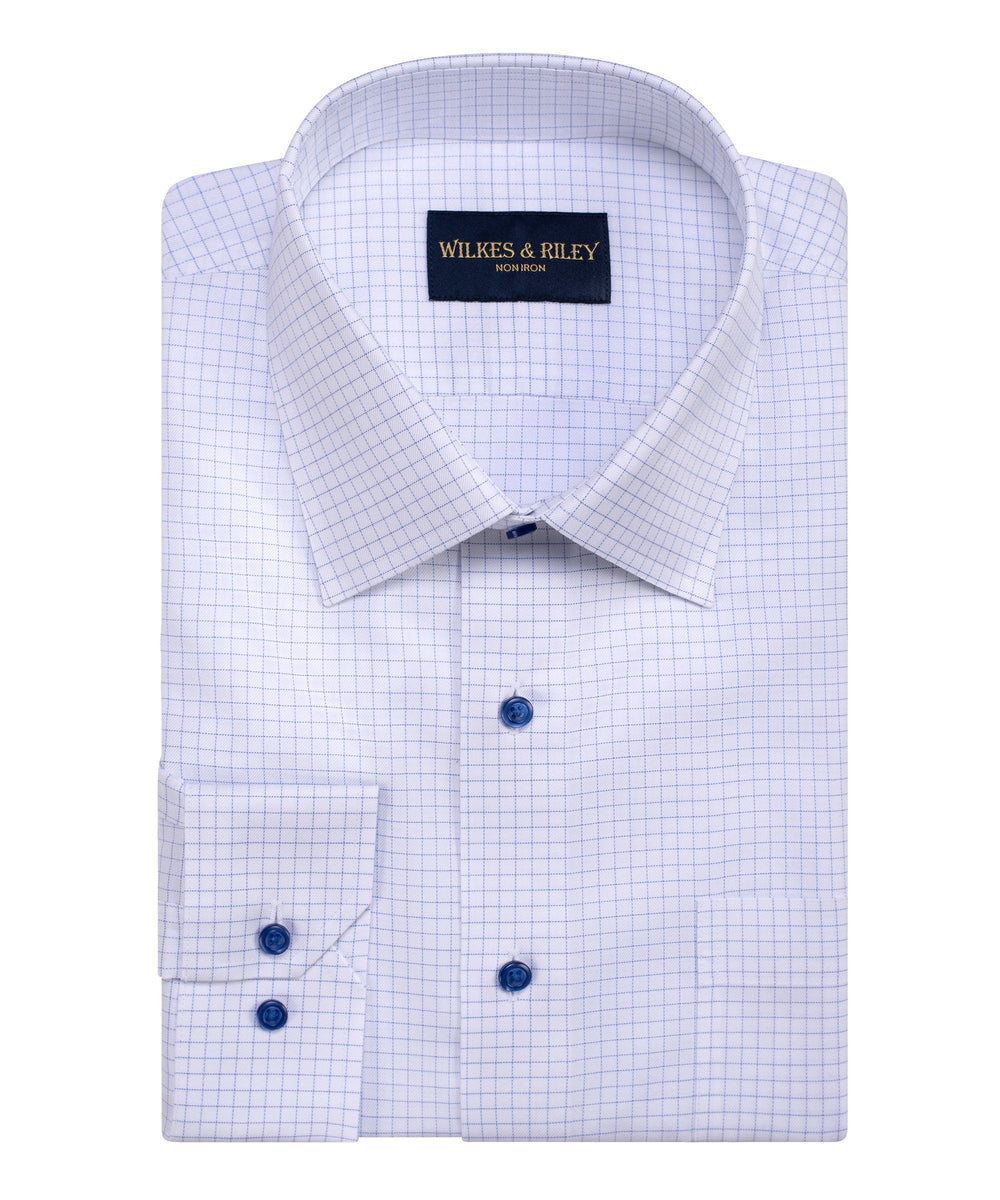 Tailored Fit Blue Twill Check Spread Collar Non-Iron Dress Shirt