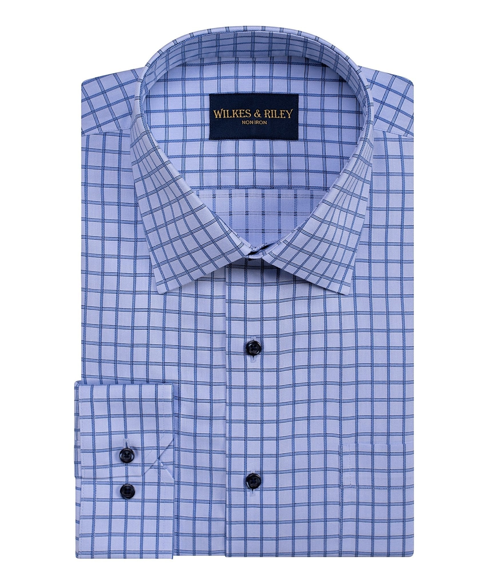 Blue Dobby Grid Spread Collar Non - Iron Dress Shirt - Wilkes & Riley, LLC