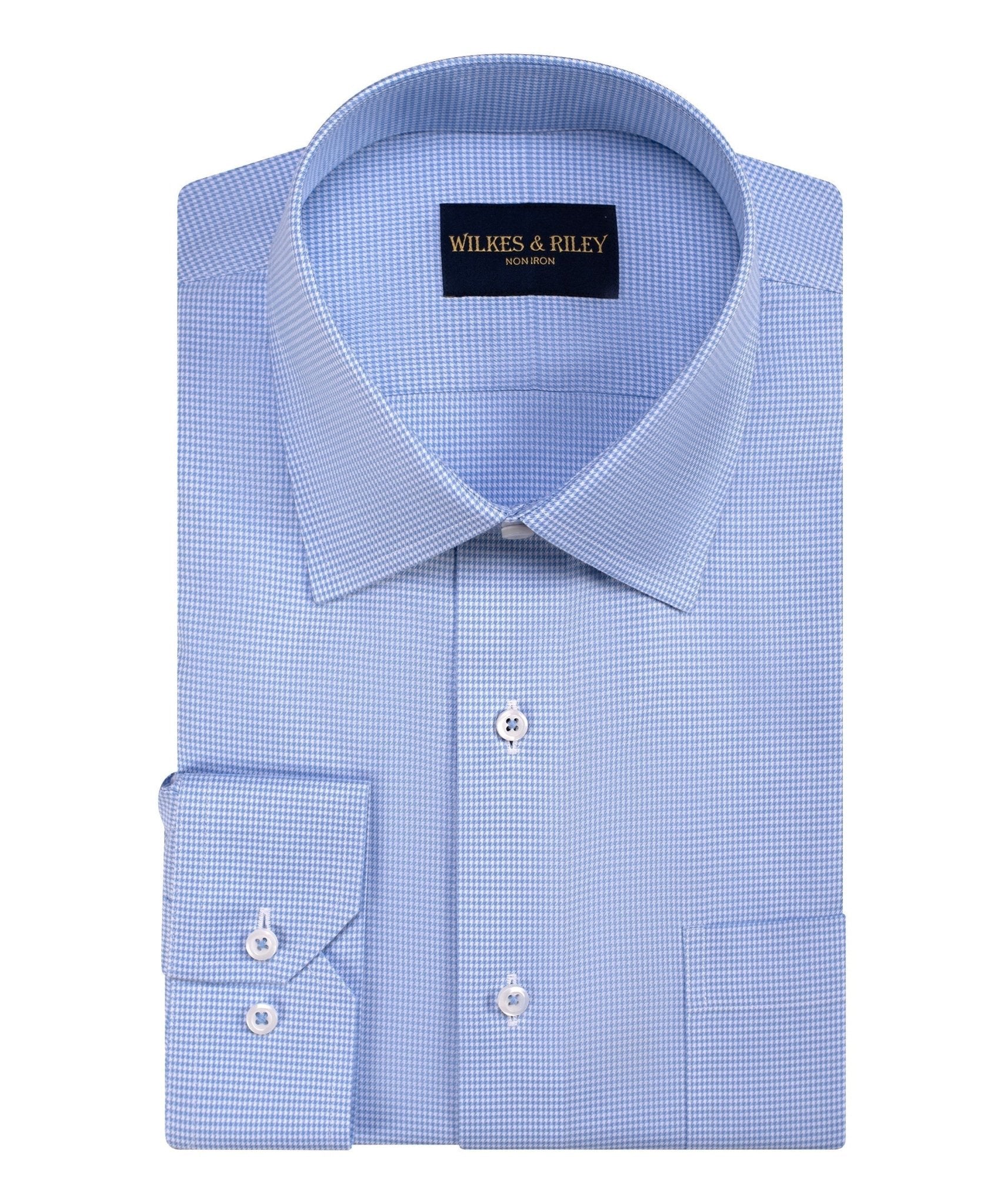 Blue Houndstooth Spread Collar Non - Iron Twill Dress Shirt - Wilkes & Riley, LLC