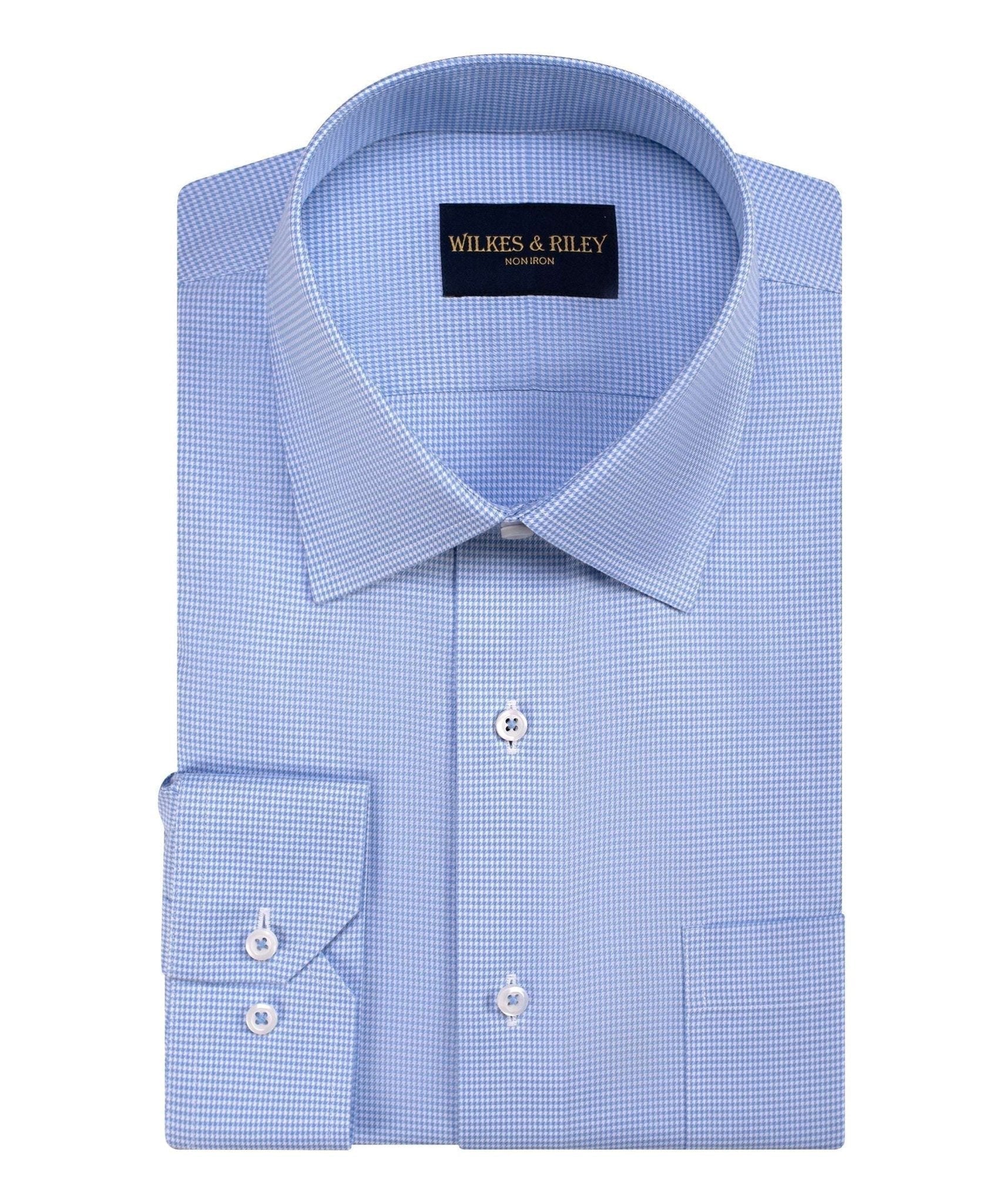 Blue Houndstooth Spread Collar Non - Iron Twill Dress Shirt - Wilkes & Riley, LLC