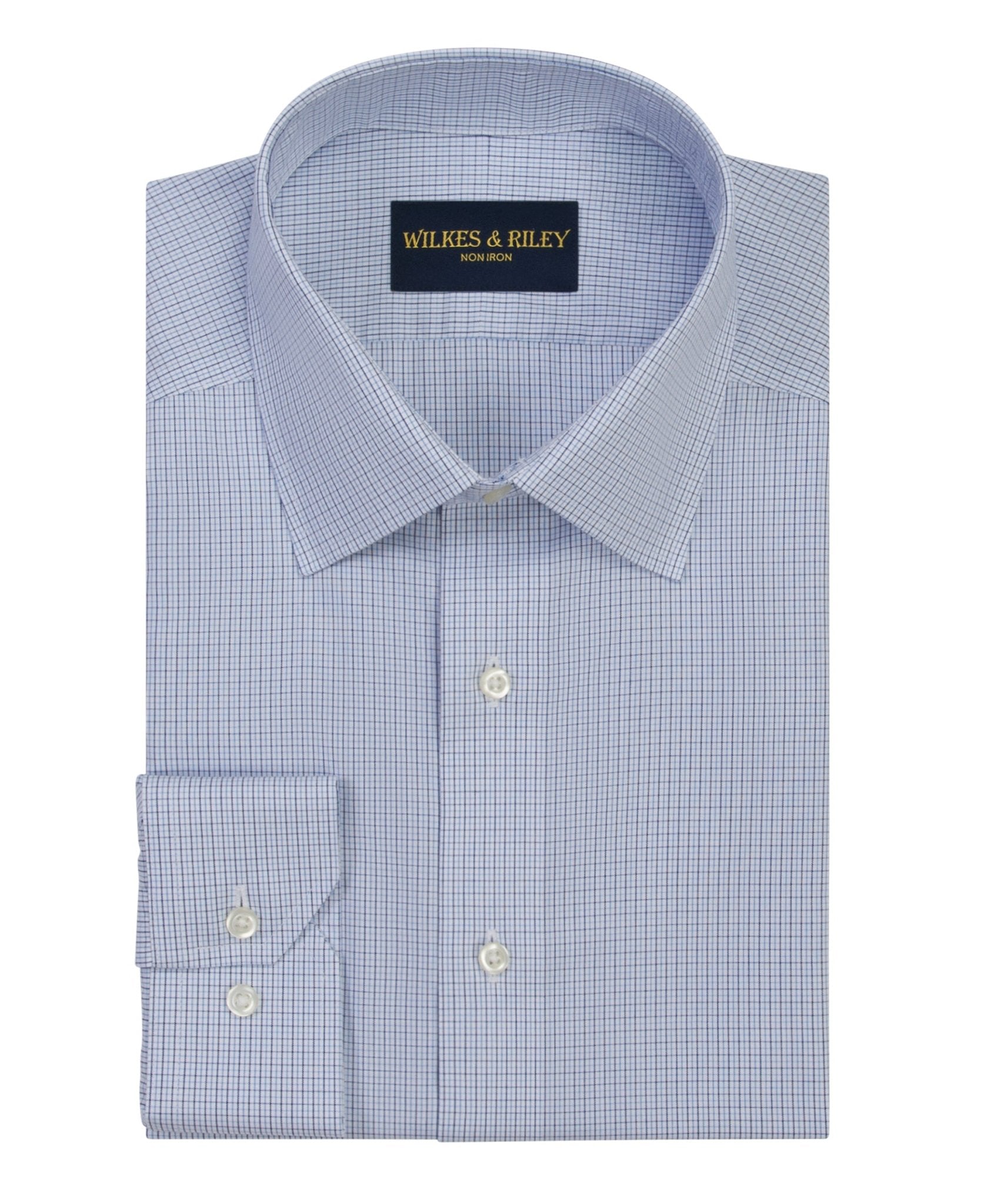 Blue / Navy Microcheck Spread Collar Non - Iron Broadcloth Dress Shirt - Wilkes & Riley, LLC