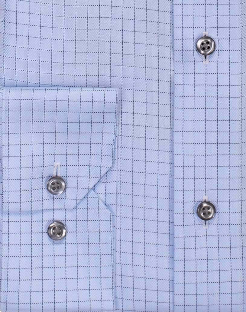 Blue Spread Collar Non - Iron Herringbone check Dress Shirt - Wilkes & Riley, LLC