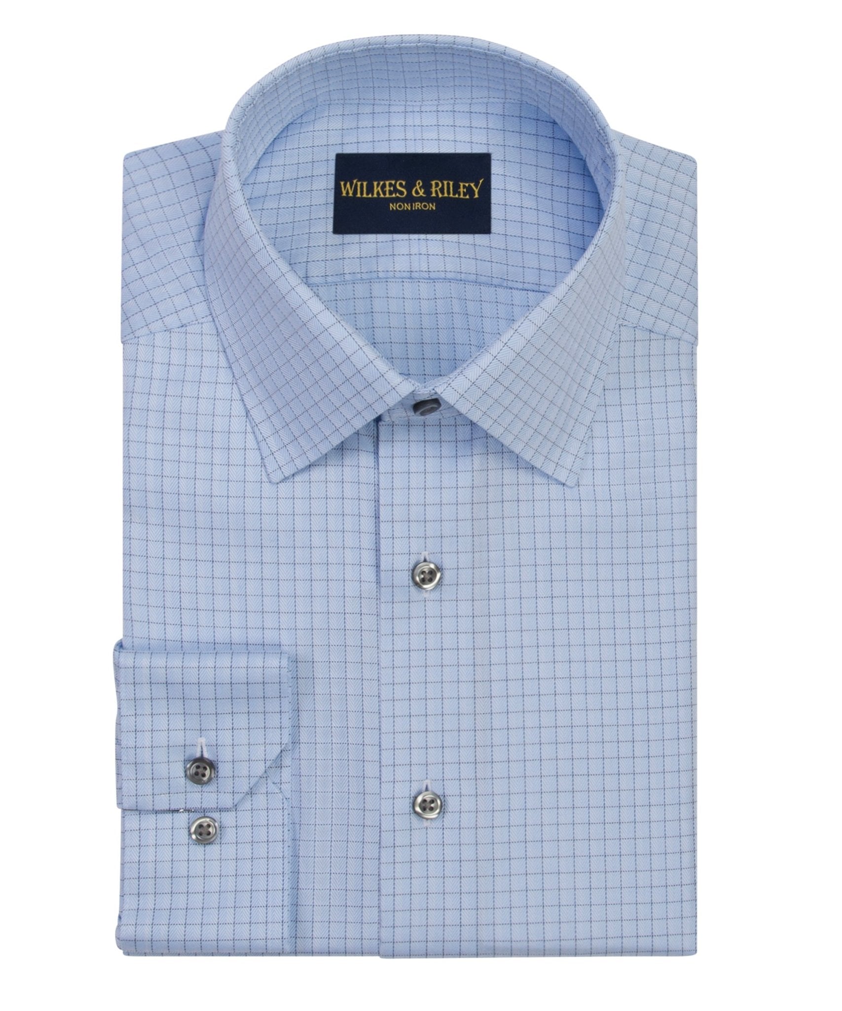Blue Spread Collar Non - Iron Herringbone check Dress Shirt - Wilkes & Riley, LLC