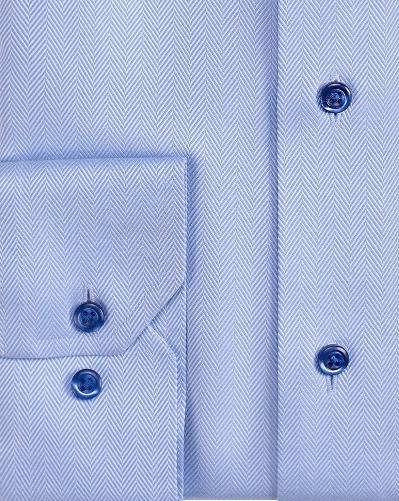 Blue Spread Collar Non - Iron Herringbone Dress Shirt - Wilkes & Riley, LLC