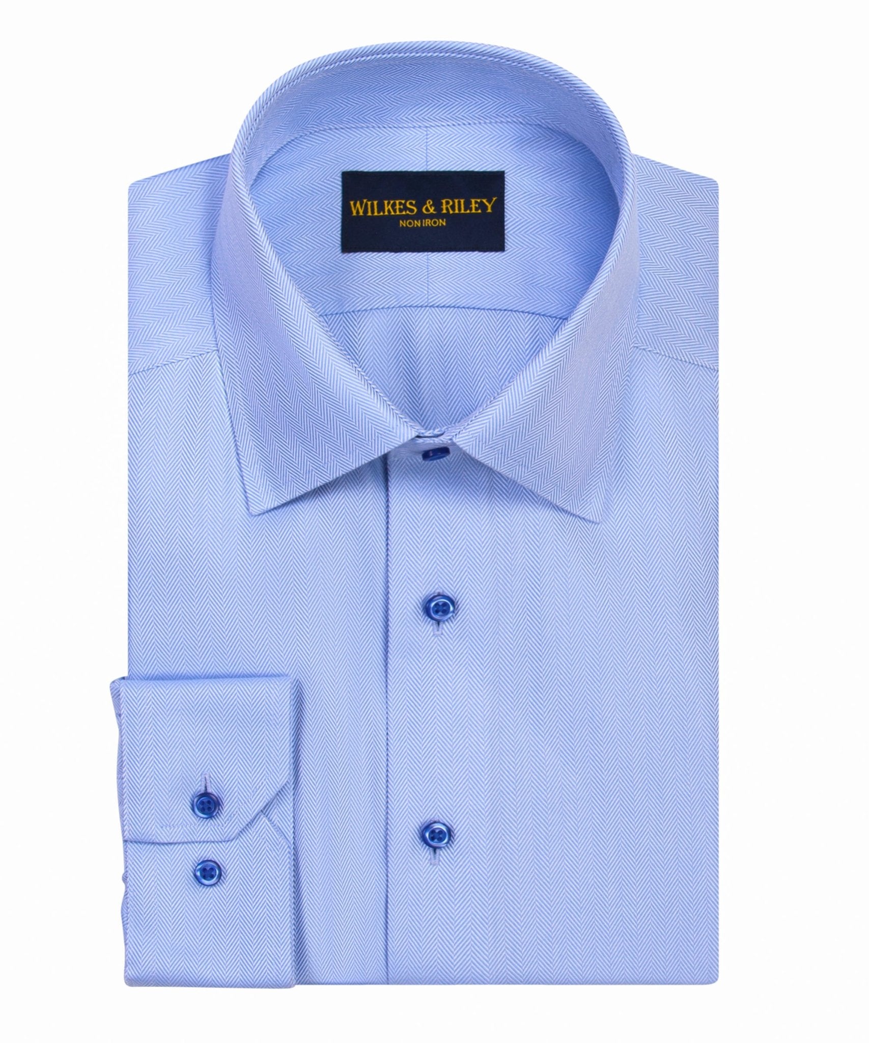 Blue Spread Collar Non - Iron Herringbone Dress Shirt - Wilkes & Riley, LLC