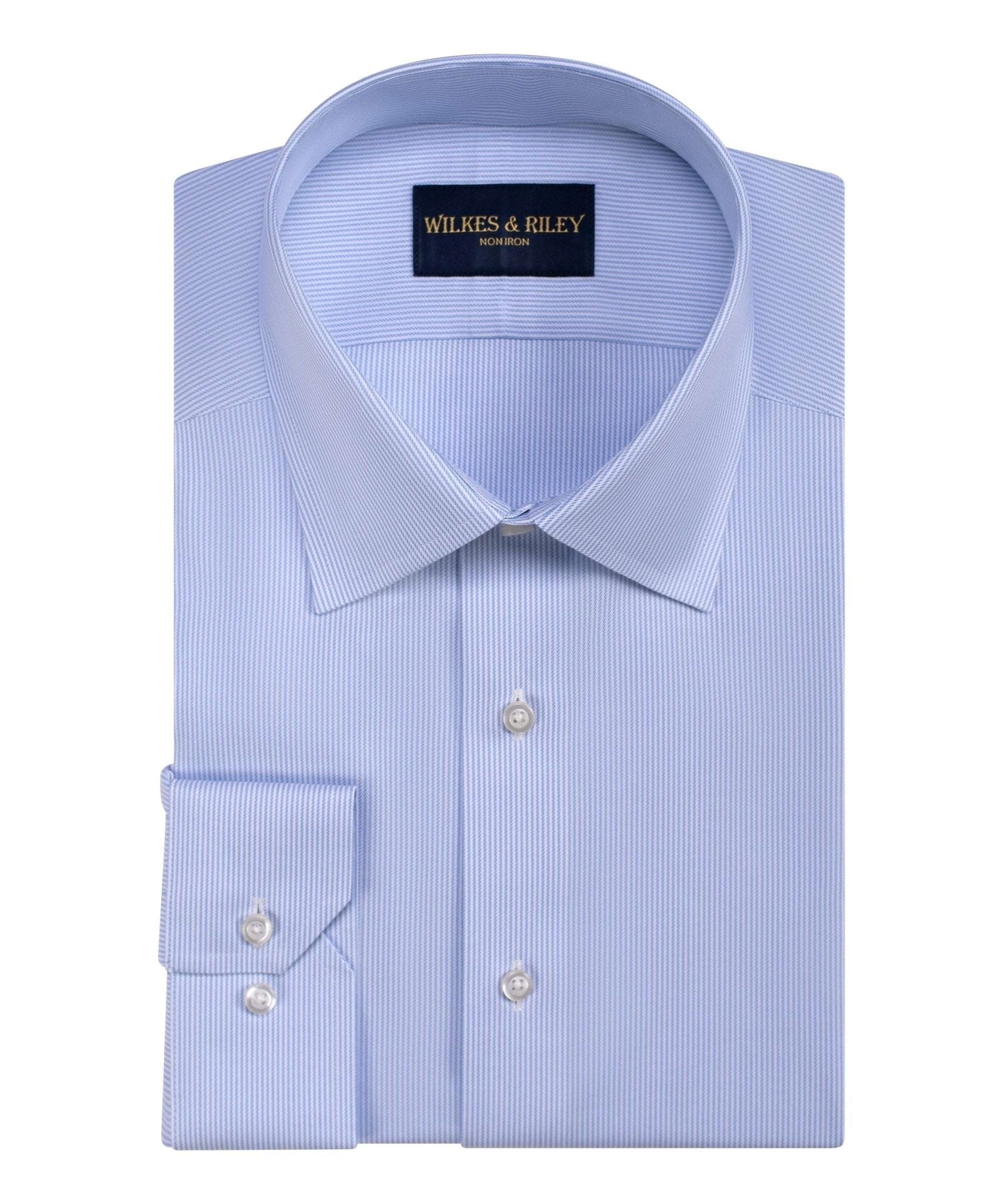 Blue Stripe Spread Collar Non - Iron Twill Dress Shirt - Wilkes & Riley, LLC