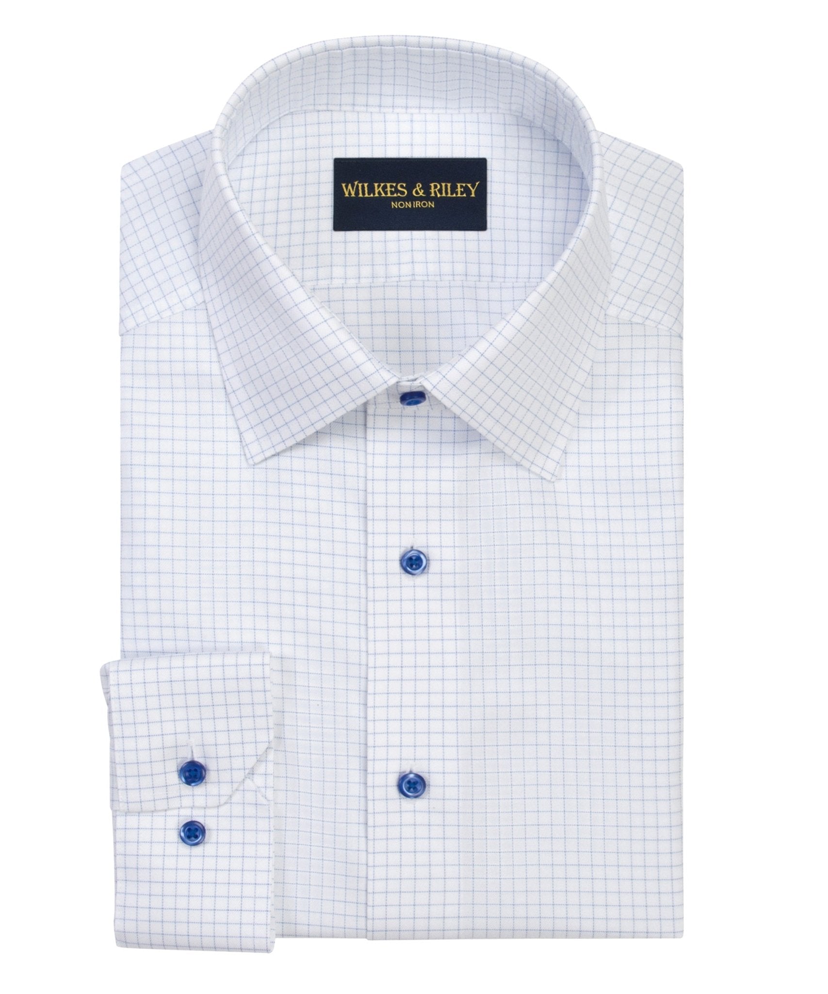 Blue Twill Check Spread Collar Non - Iron Dress Shirt - Wilkes & Riley, LLC
