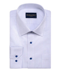 Blue Twill Check Spread Collar Non - Iron Dress Shirt - Wilkes & Riley, LLC